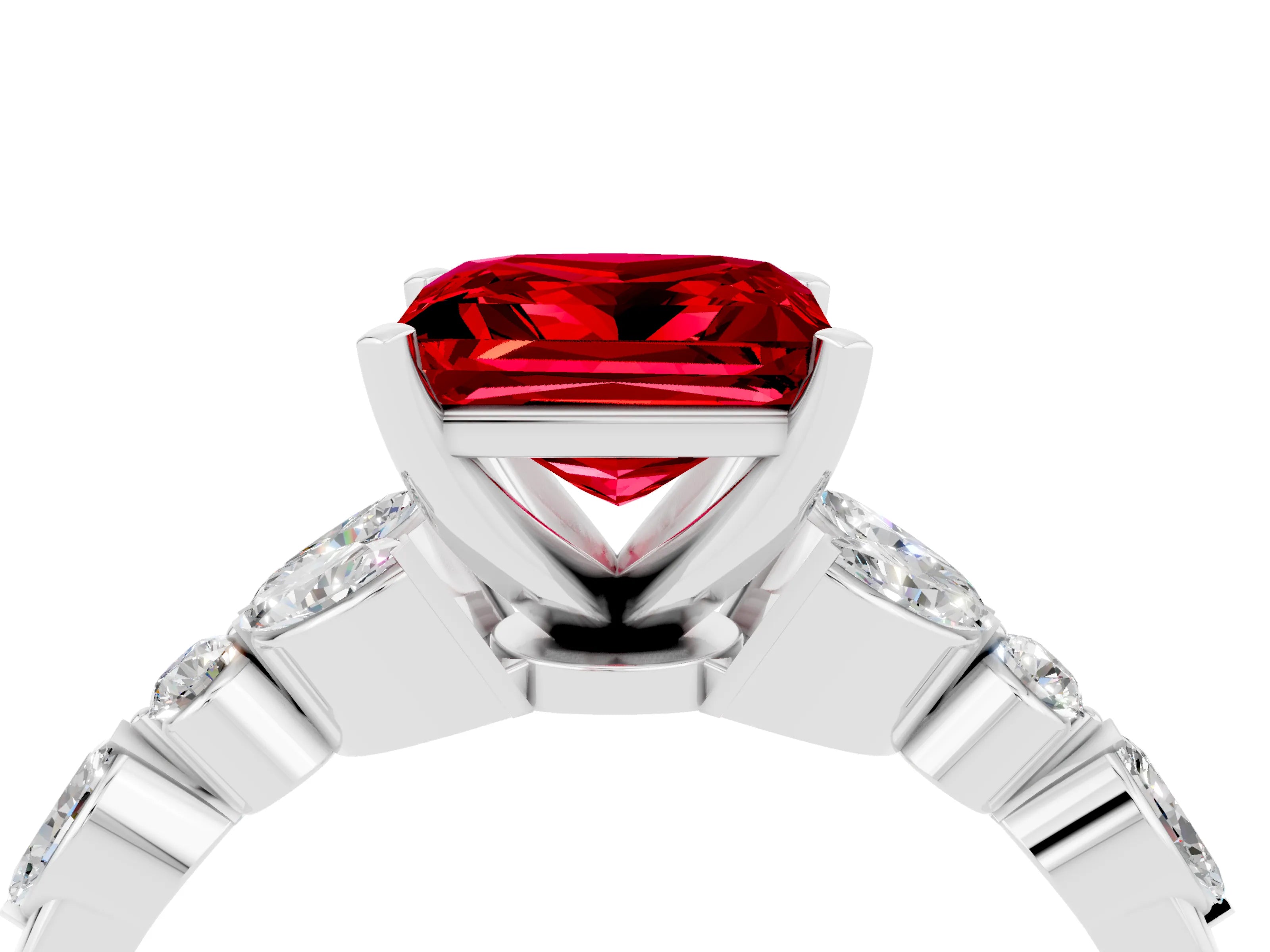 White gold Princess Cut Ruby Solitaire Ring with Side Stones and Four-Prong Setting_16