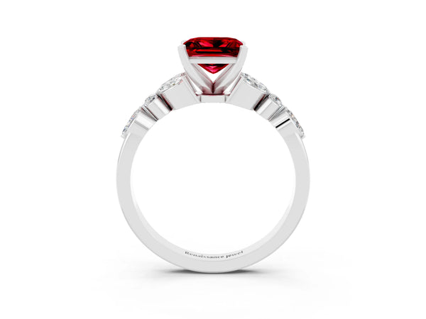 White gold Princess Cut Ruby Solitaire Ring with Side Stones and Four-Prong Setting