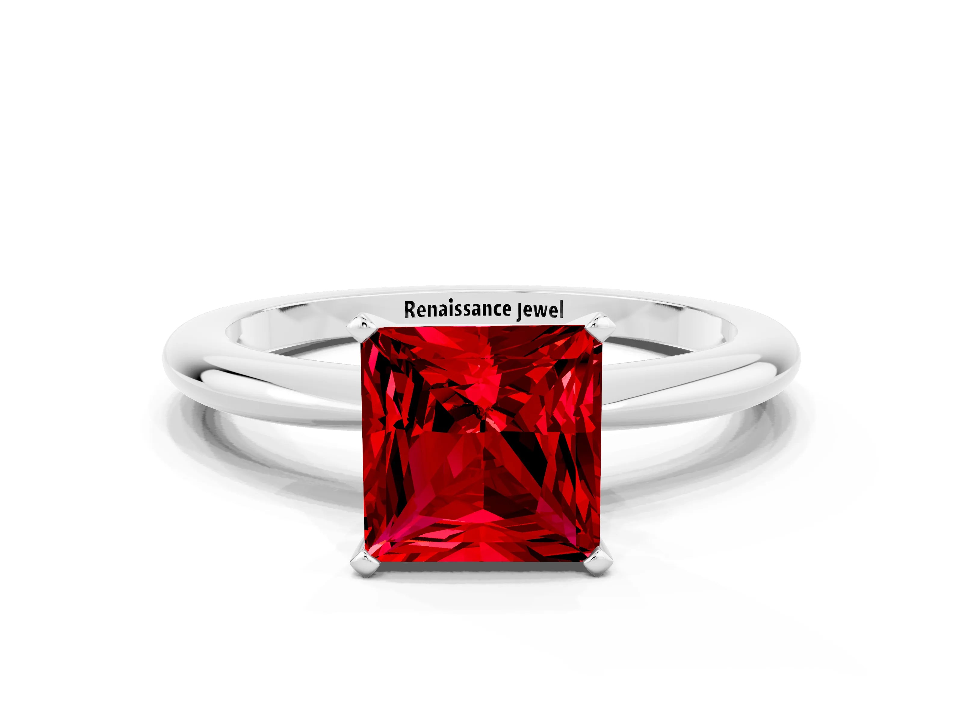 White gold Princess Cut Ruby Solitaire Ring with Six-Prong Setting and Classic Band_12
