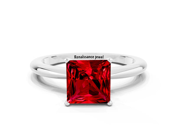 Platinum Princess Cut Ruby Solitaire Ring with Six-Prong Setting and Classic Band
