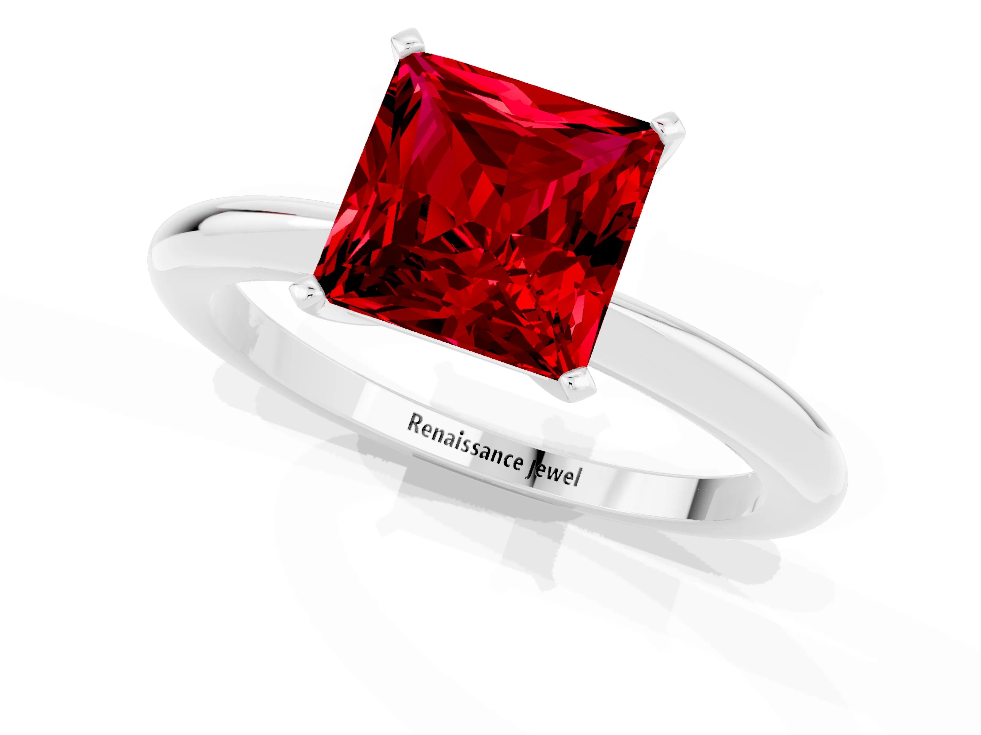 White gold Princess Cut Ruby Solitaire Ring with Six-Prong Setting and Classic Band_25
