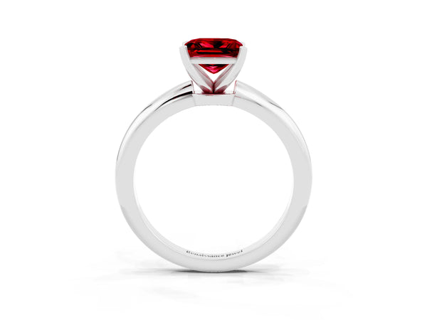 White gold Princess Cut Ruby Solitaire Ring with Six-Prong Setting and Classic Band