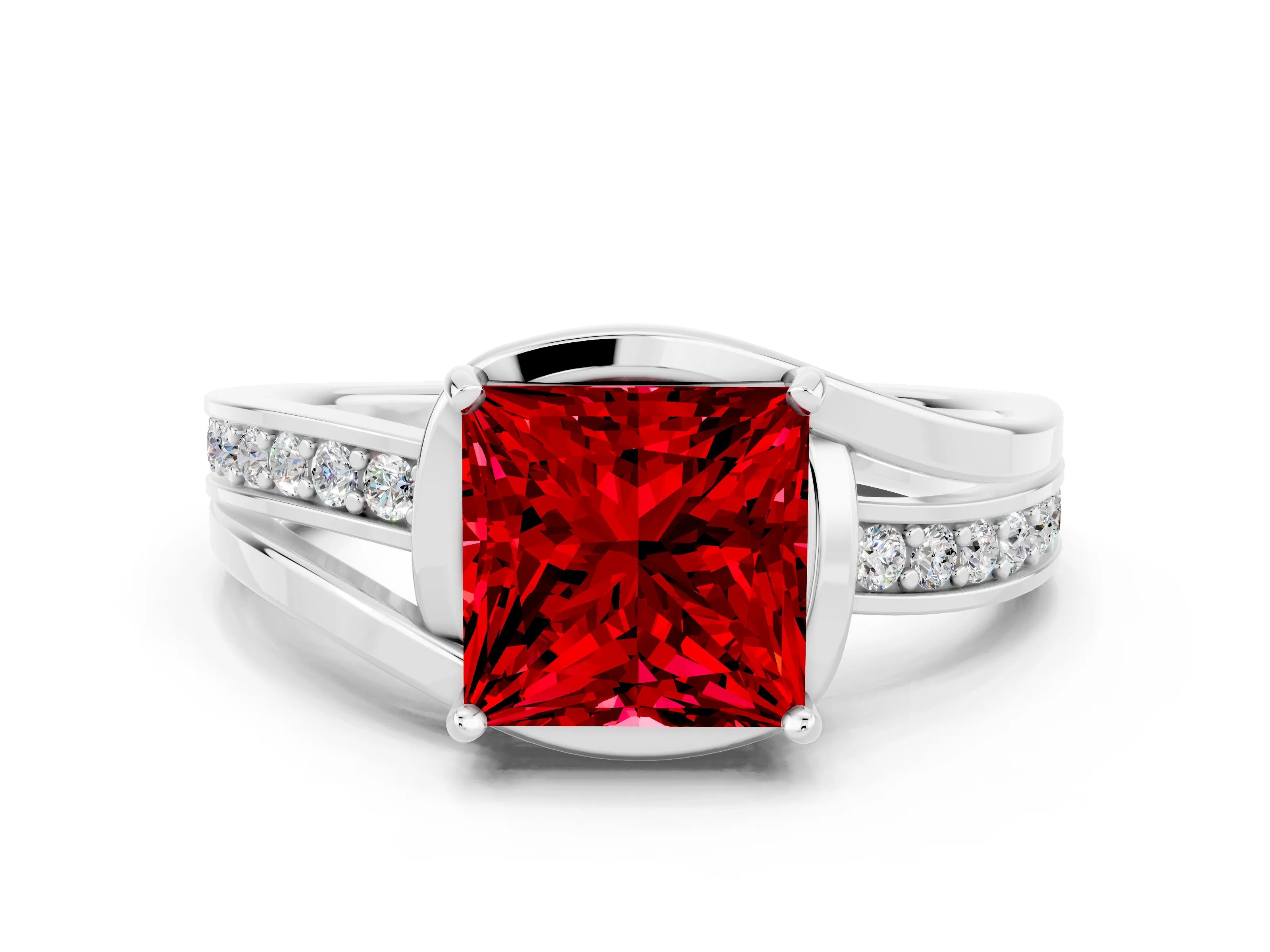 White gold Princess Cut Ruby Solitaire Ring with Split Shank and Prong Setting
