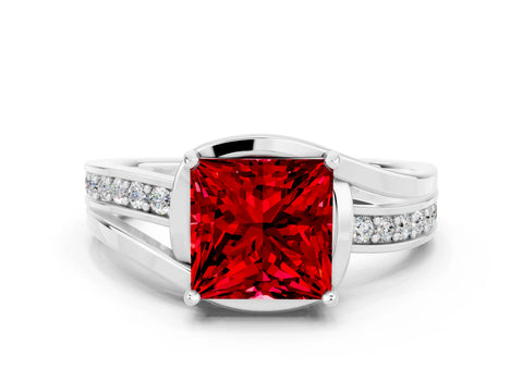 White gold Princess Cut Ruby Solitaire Ring with Split Shank and Prong Setting