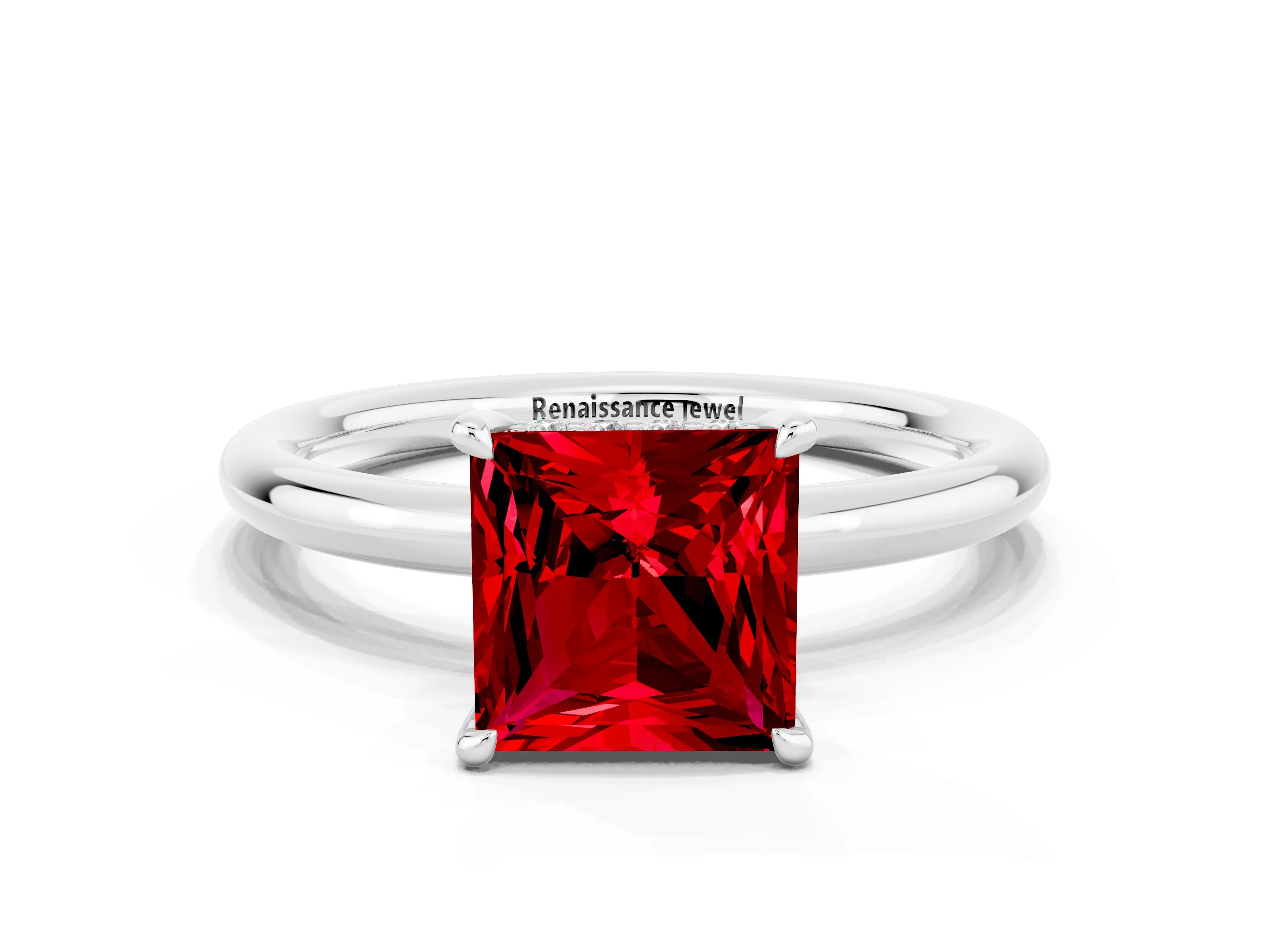 White gold Princess Cut Ruby Solitaire Ring with Thin Band and Four-Prong Setting