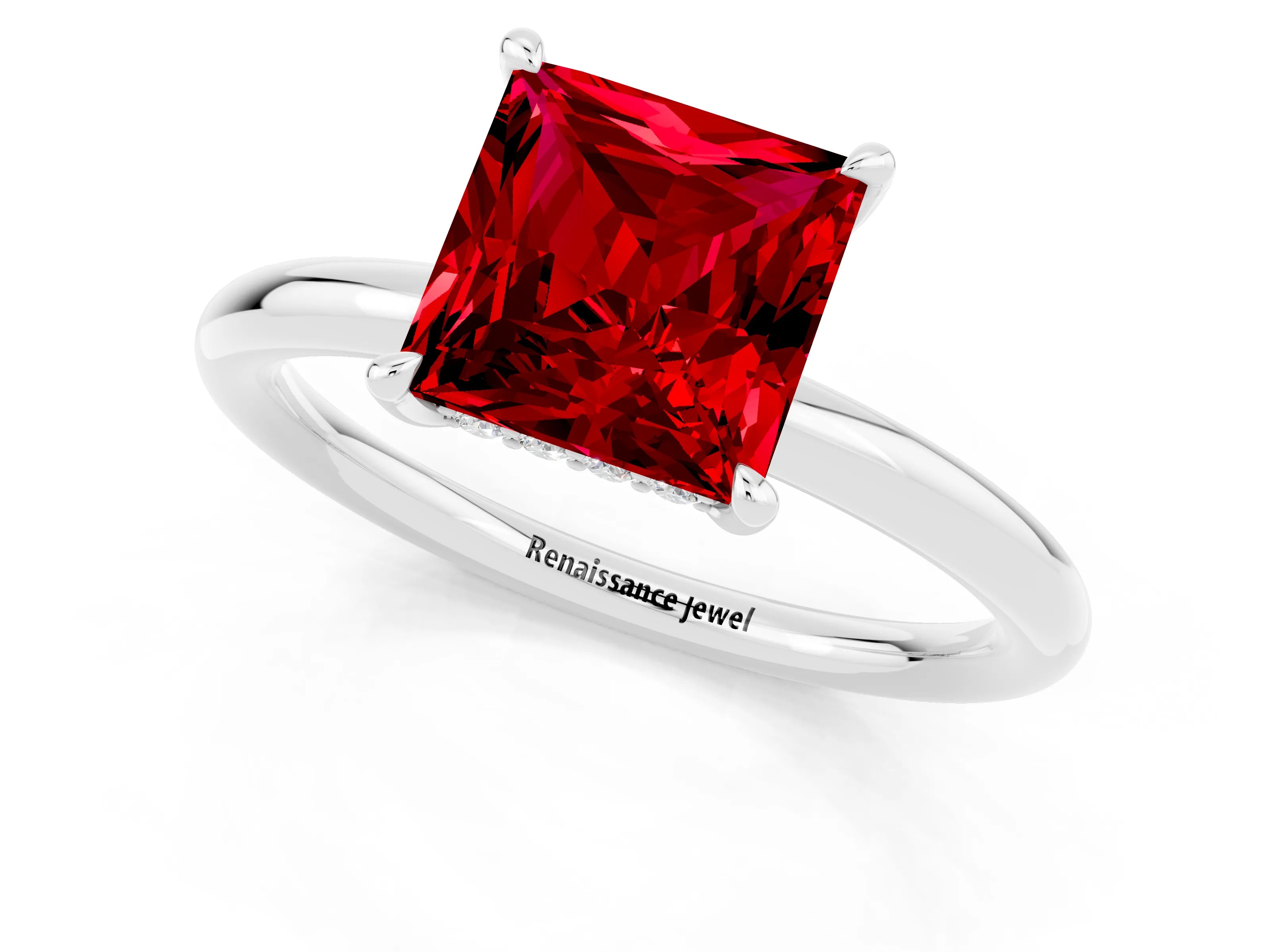 White gold Princess Cut Ruby Solitaire Ring with Thin Band and Four-Prong Setting_1