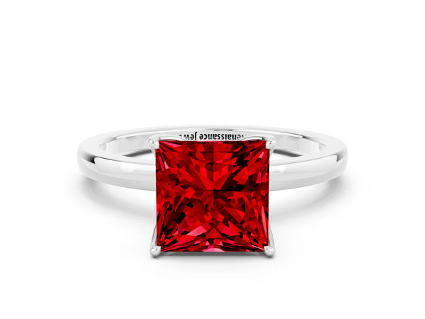 Platinum Princess Cut Ruby Solitaire Ring with Thin Band and Prong Setting