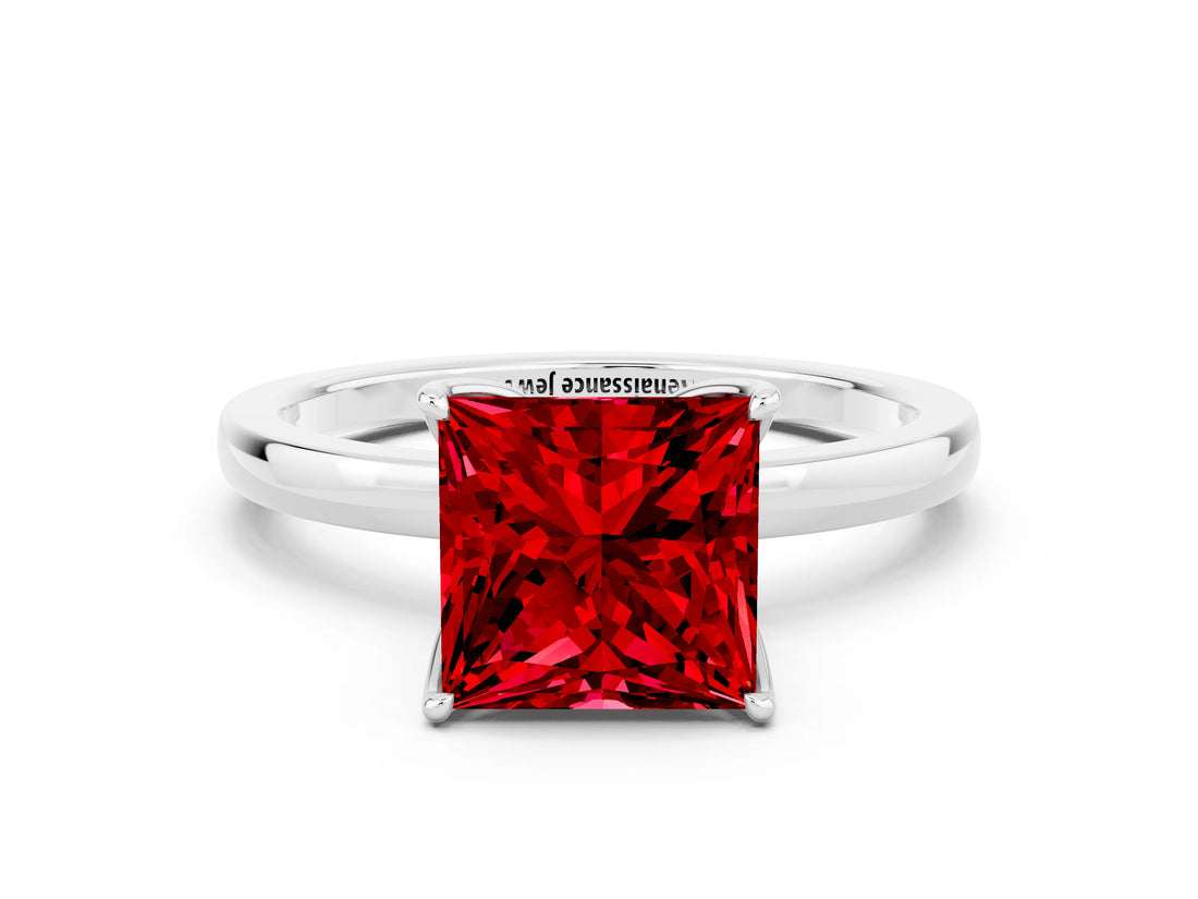 White gold Princess Cut Ruby Solitaire Ring with Thin Band and Prong Setting_12