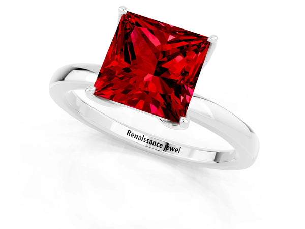White gold Princess Cut Ruby Solitaire Ring with Thin Band and Prong Setting