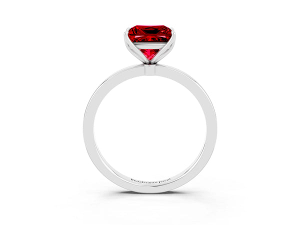 Platinum Princess Cut Ruby Solitaire Ring with Thin Band and Prong Setting