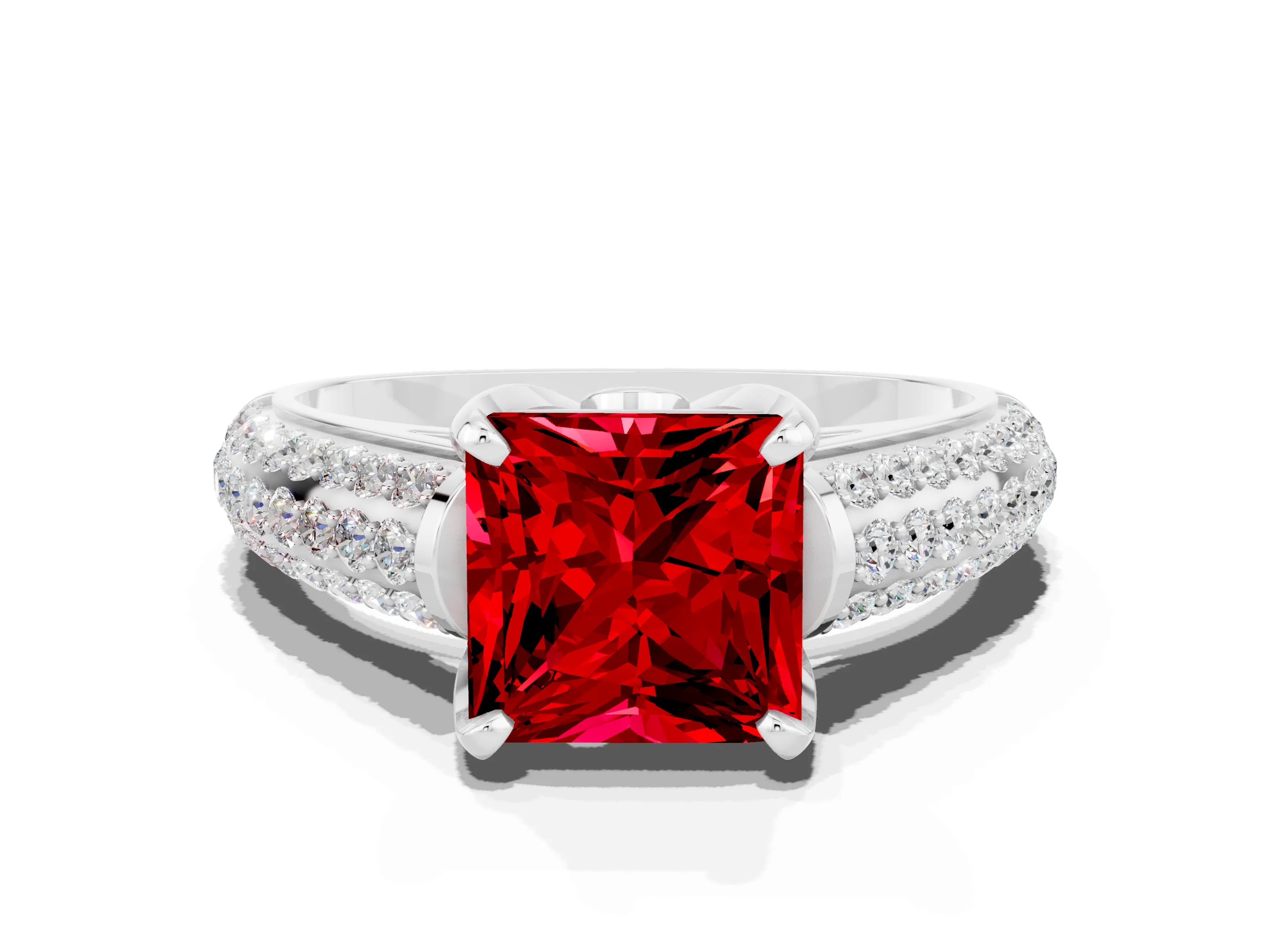 White gold Princess Cut Ruby Solitaire Ring with Three-Row Pavé Band and Four-Prong Setting_12