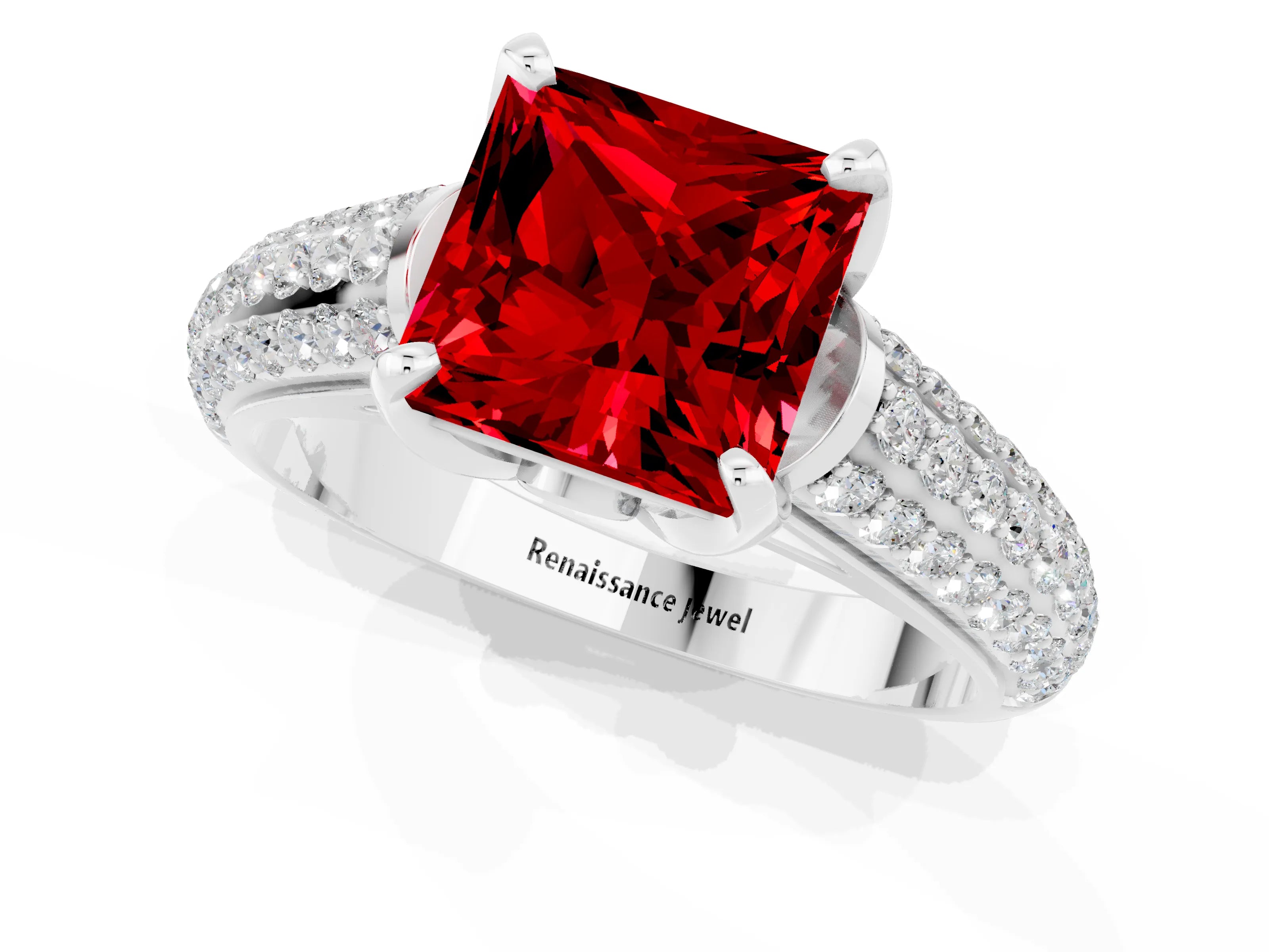 White gold Princess Cut Ruby Solitaire Ring with Three-Row Pavé Band and Four-Prong Setting_13