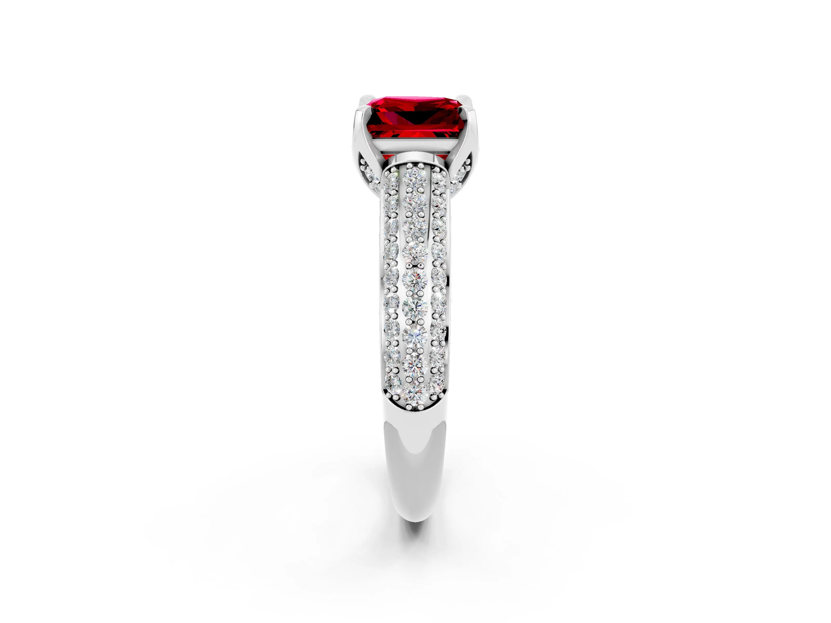 White gold Princess Cut Ruby Solitaire Ring with Three-Row Pavé Band and Four-Prong Setting_14