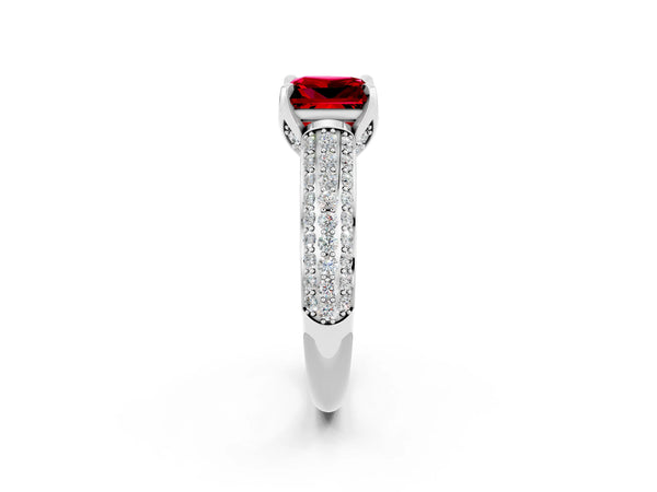 Silver Princess Cut Ruby Solitaire Ring with Three-Row Pavé Band and Four-Prong Setting