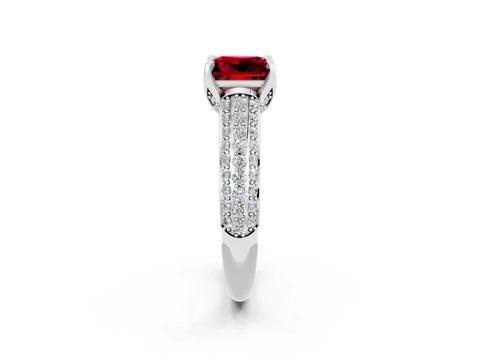 White gold Princess Cut Ruby Solitaire Ring with Three-Row Pavé Band and Four-Prong Setting_14