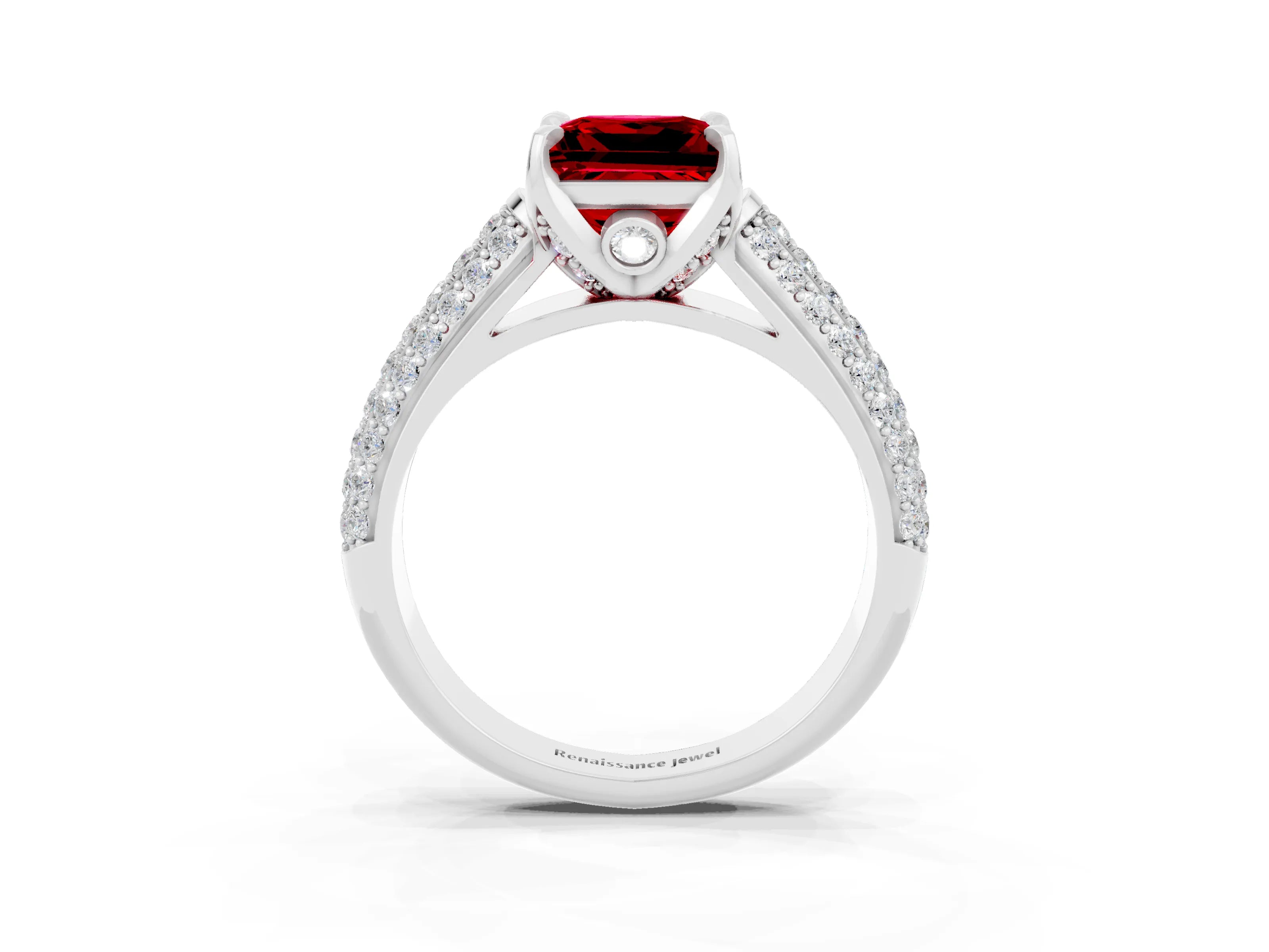 White gold Princess Cut Ruby Solitaire Ring with Three-Row Pavé Band and Four-Prong Setting_15