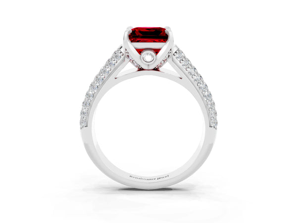 White gold Princess Cut Ruby Solitaire Ring with Three-Row Pavé Band and Four-Prong Setting