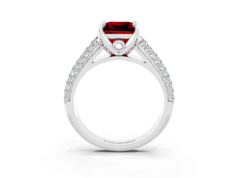White gold Princess Cut Ruby Solitaire Ring with Three-Row Pavé Band and Four-Prong Setting_15