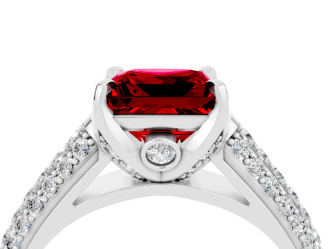 White gold Princess Cut Ruby Solitaire Ring with Three-Row Pavé Band and Four-Prong Setting_16