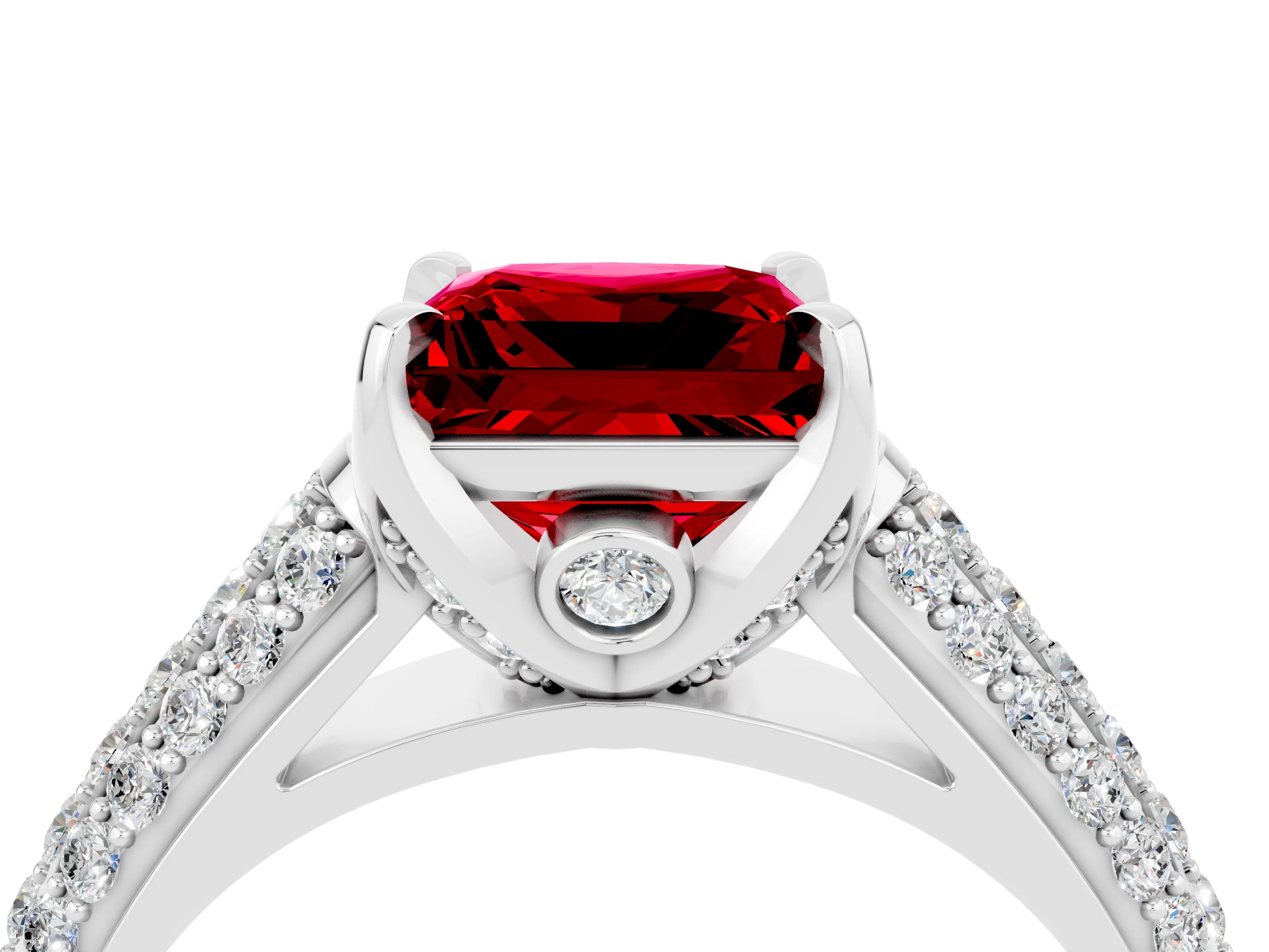 White gold Princess Cut Ruby Solitaire Ring with Three-Row Pavé Band and Four-Prong Setting_16