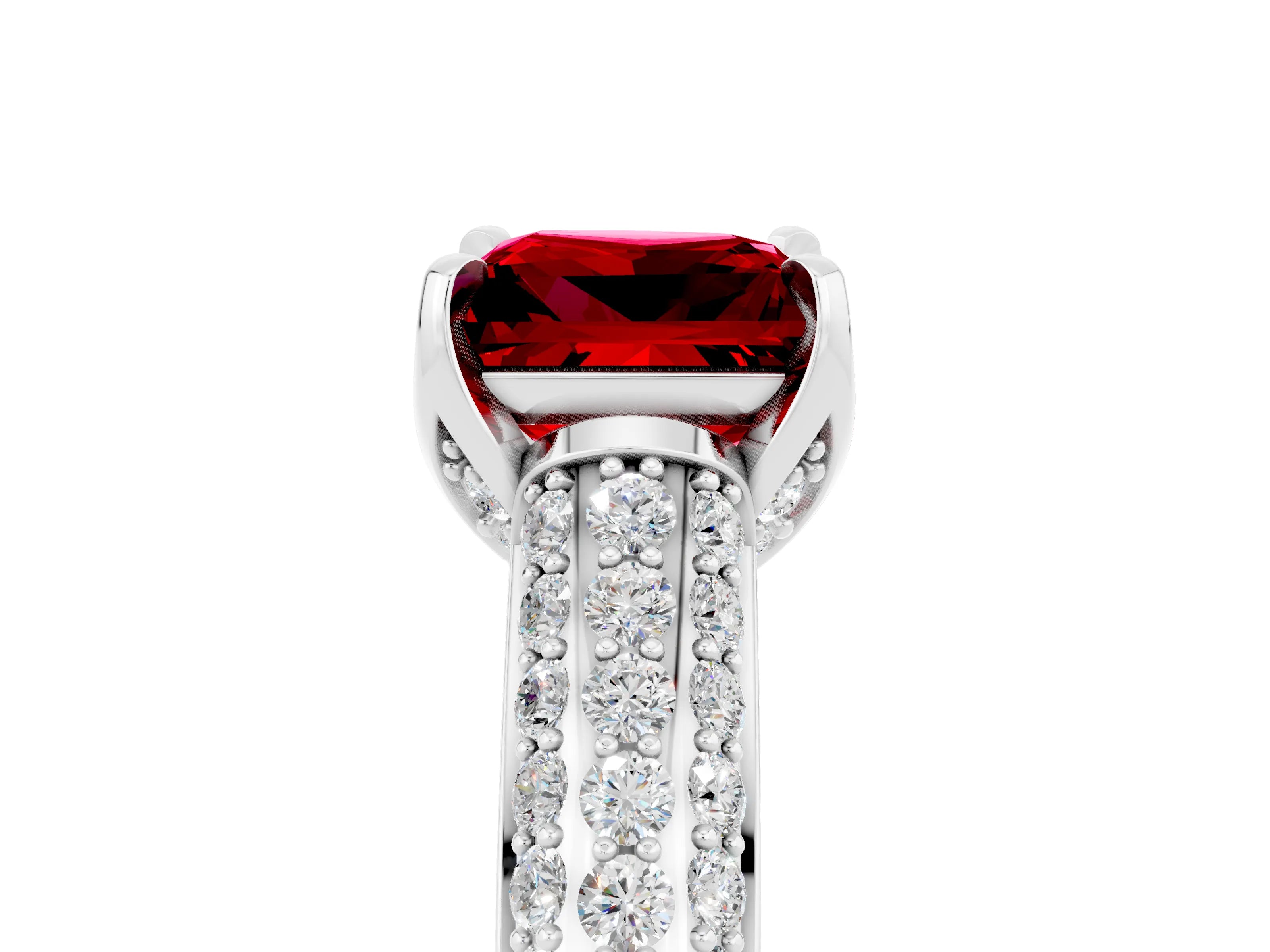 White gold Princess Cut Ruby Solitaire Ring with Three-Row Pavé Band and Four-Prong Setting_17