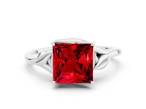 White gold Princess Cut Ruby Solitaire Ring with Twist Band and Four-Prong Setting_12