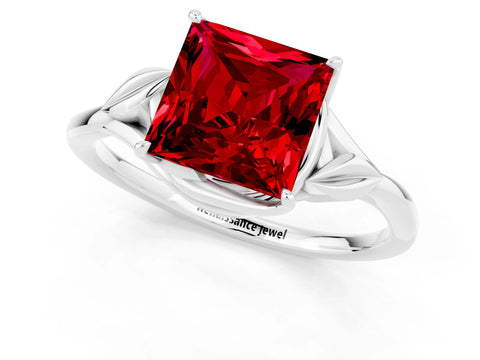 White gold Princess Cut Ruby Solitaire Ring with Twist Band and Four-Prong Setting_13