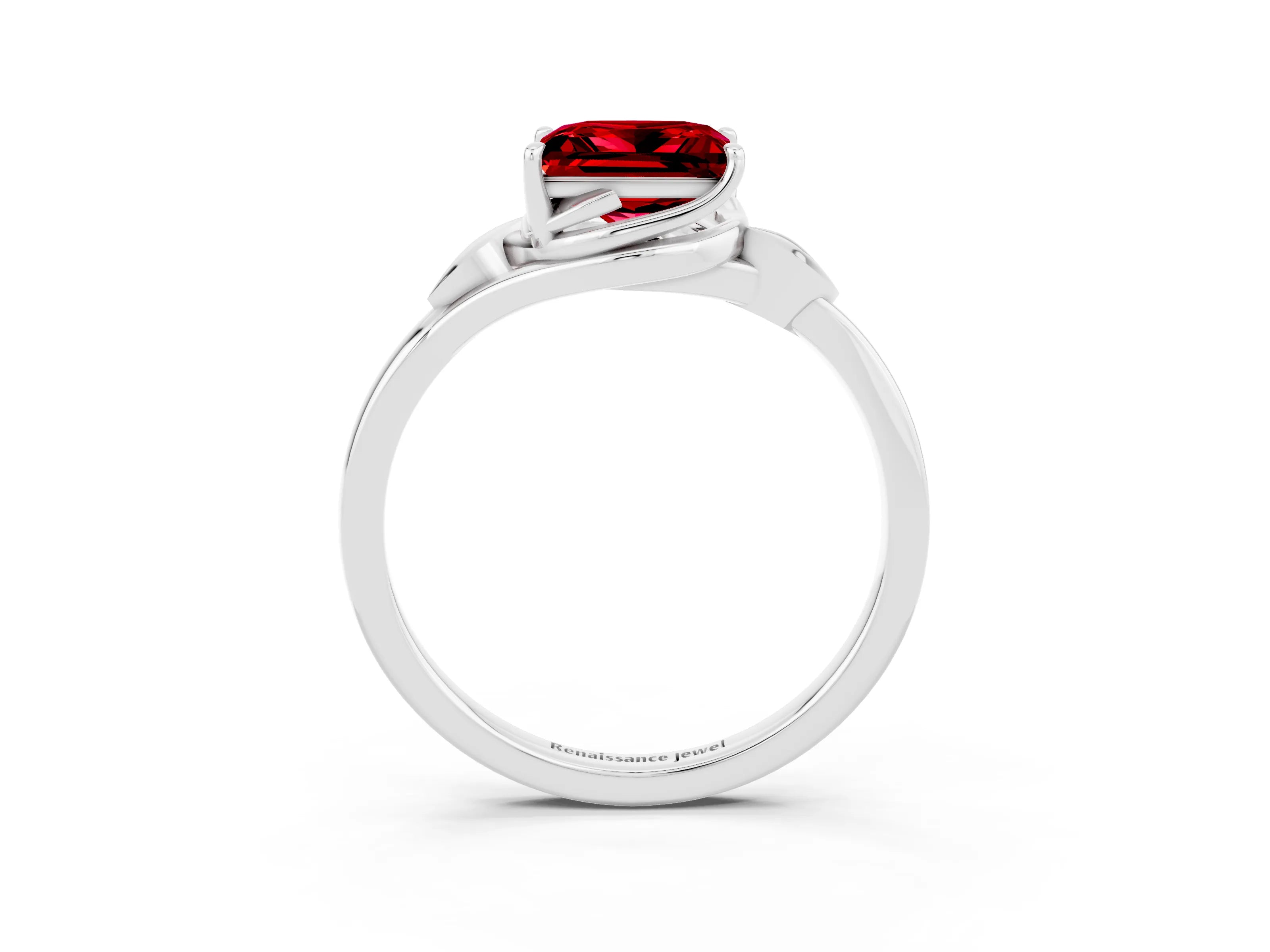 White gold Princess Cut Ruby Solitaire Ring with Twist Band and Four-Prong Setting_15