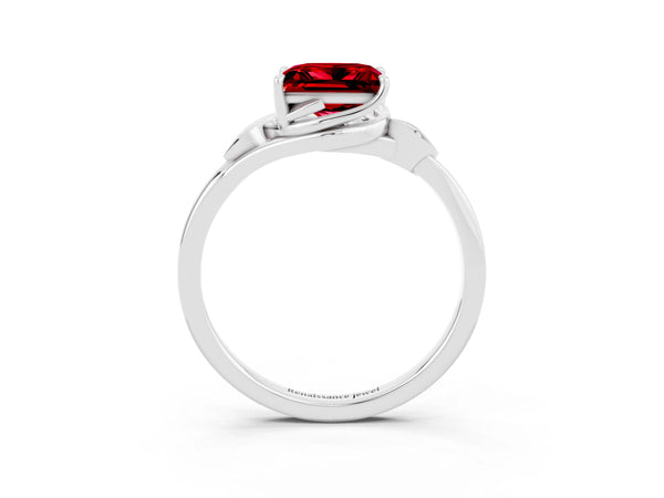 Silver Princess Cut Ruby Solitaire Ring with Twist Band and Four-Prong Setting