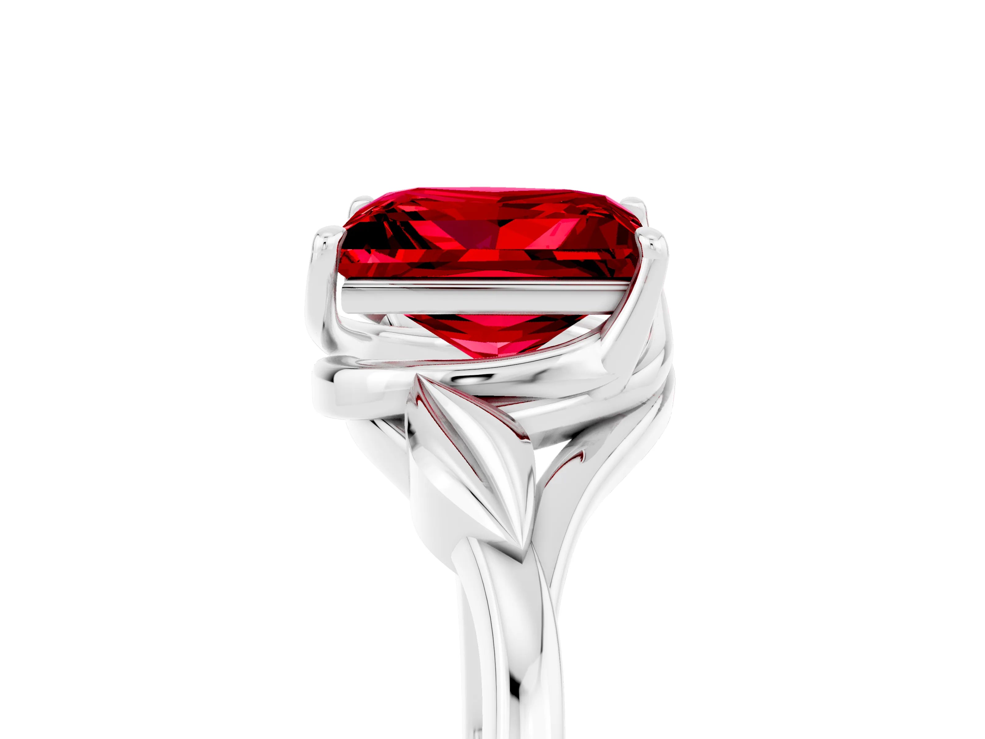 White gold Princess Cut Ruby Solitaire Ring with Twist Band and Four-Prong Setting_17