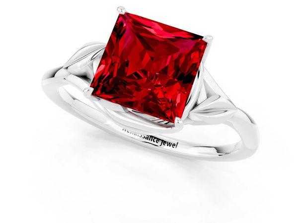 White gold Princess Cut Ruby Solitaire Ring with Twist Band and Four-Prong Setting