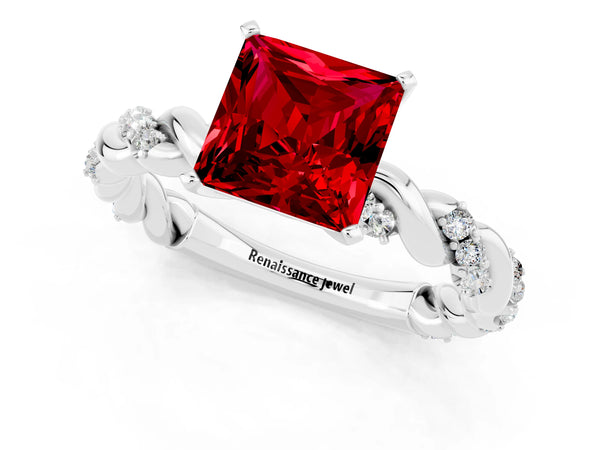 Platinum Princess Cut Ruby Solitaire Ring with Twisted Band and Pavé Accents