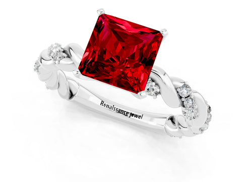 White gold Princess Cut Ruby Solitaire Ring with Twisted Band and Pavé Accents_1