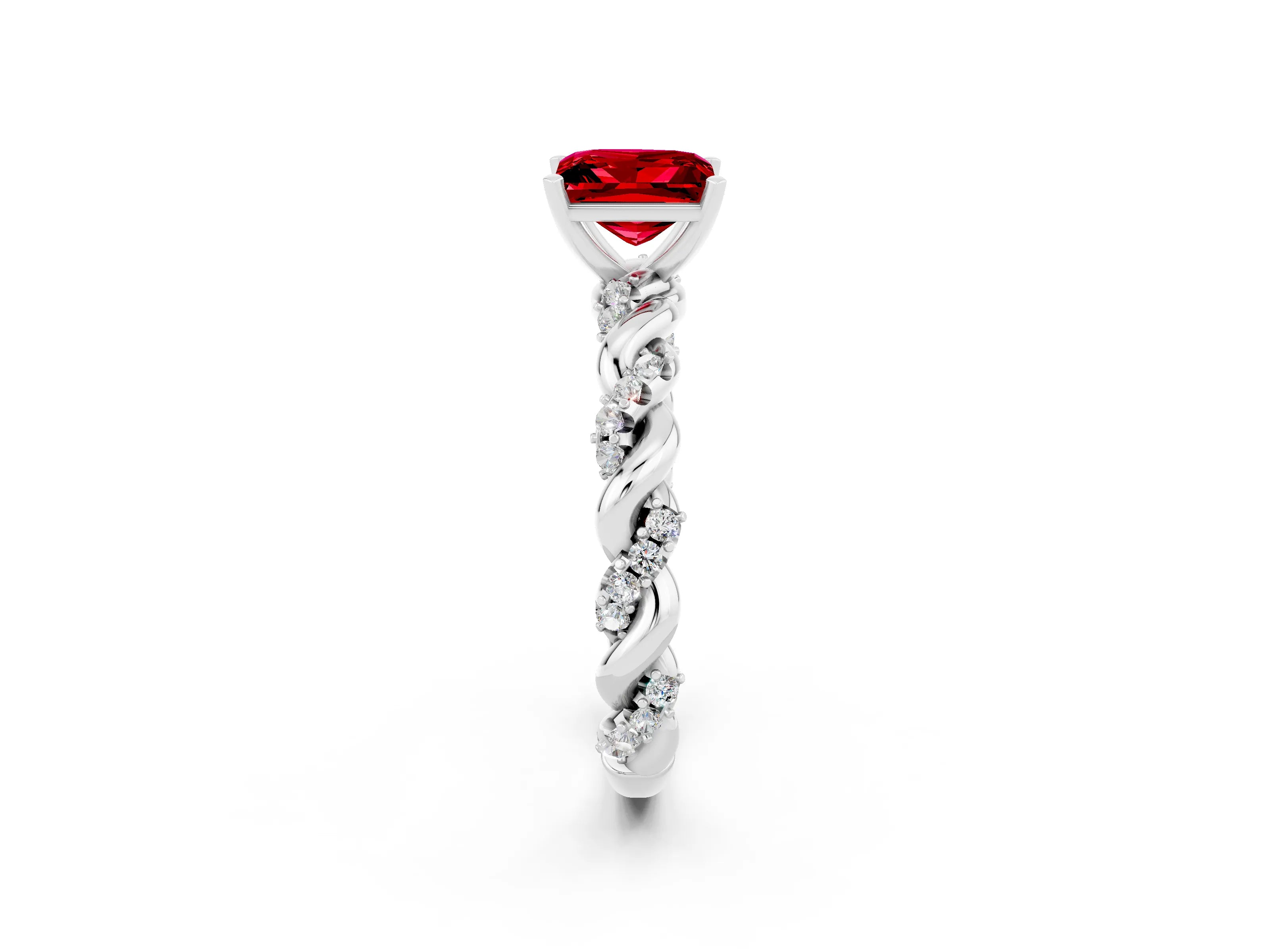 White gold Princess Cut Ruby Solitaire Ring with Twisted Band and Pavé Accents_2