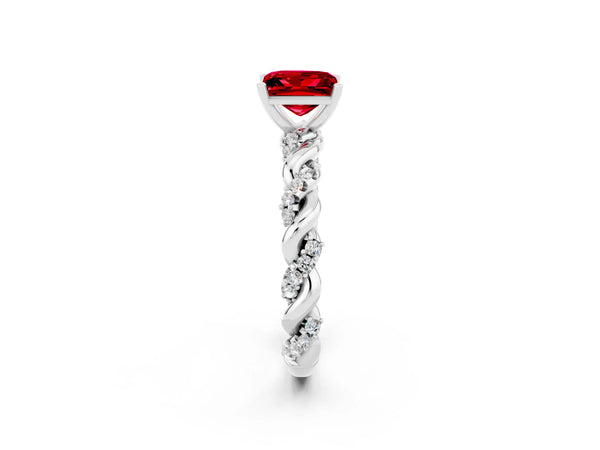 Silver Princess Cut Ruby Solitaire Ring with Twisted Band and Pavé Accents