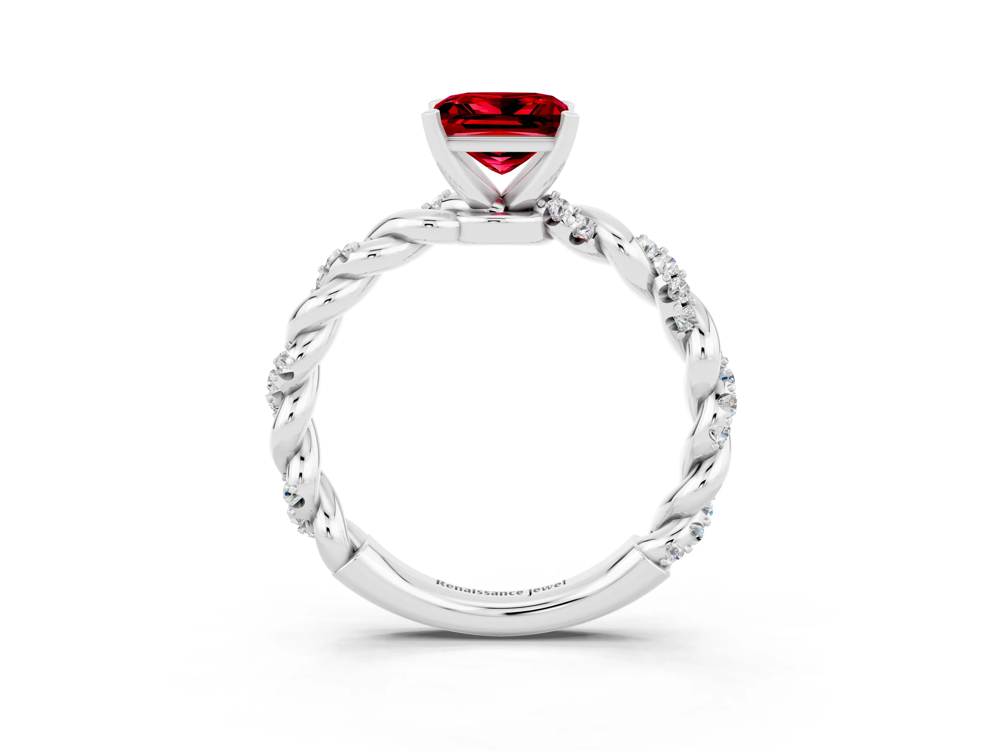 White gold Princess Cut Ruby Solitaire Ring with Twisted Band and Pavé Accents_3