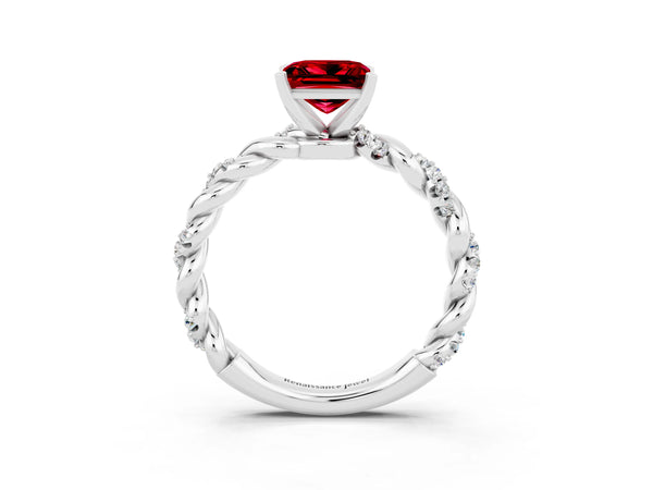 White gold Princess Cut Ruby Solitaire Ring with Twisted Band and Pavé Accents