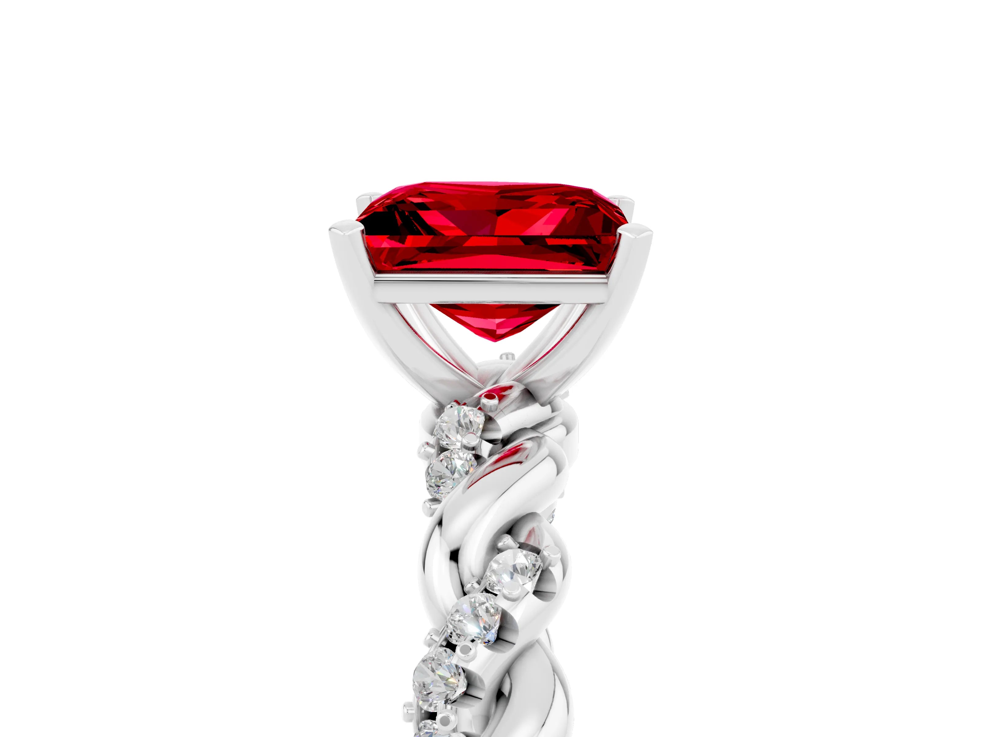 White gold Princess Cut Ruby Solitaire Ring with Twisted Band and Pavé Accents_5