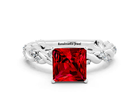 White gold Princess Cut Ruby Solitaire Ring with Twisted Band and Pavé Accents