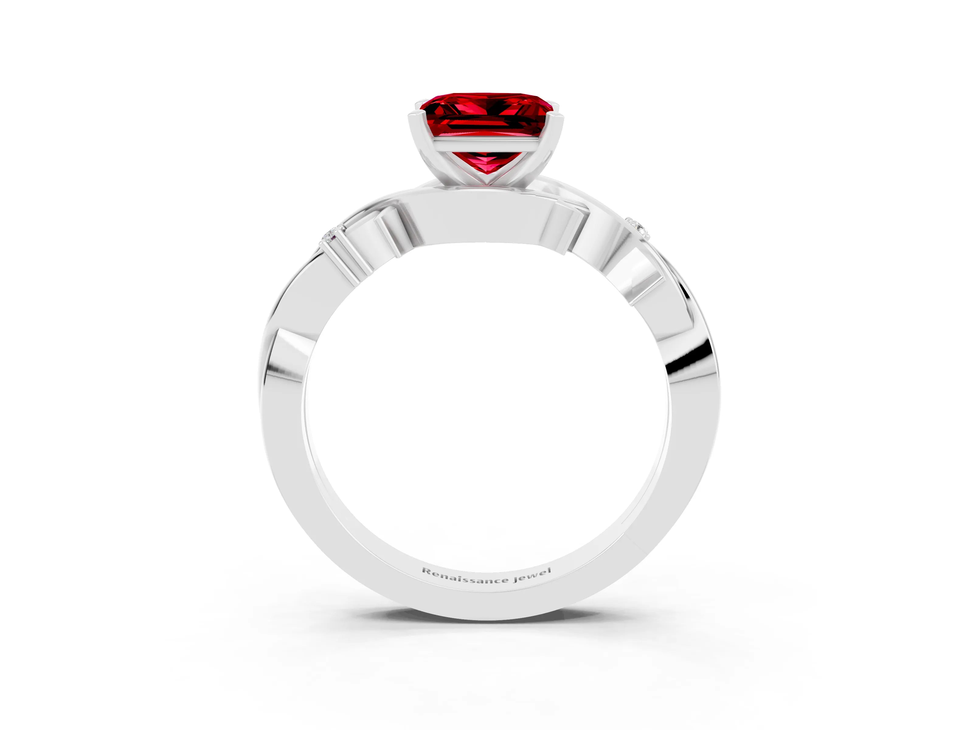 White gold Princess Cut Ruby Solitaire Ring with Twisted Band and Prong Setting_15