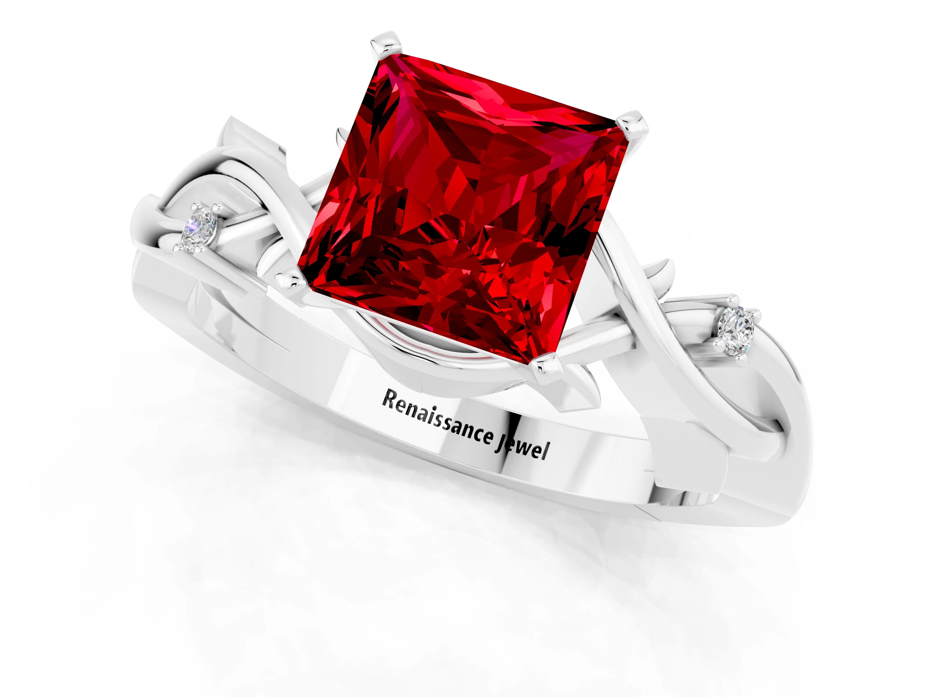 White gold Princess Cut Ruby Solitaire Ring with Twisted Band and Prong Setting_1