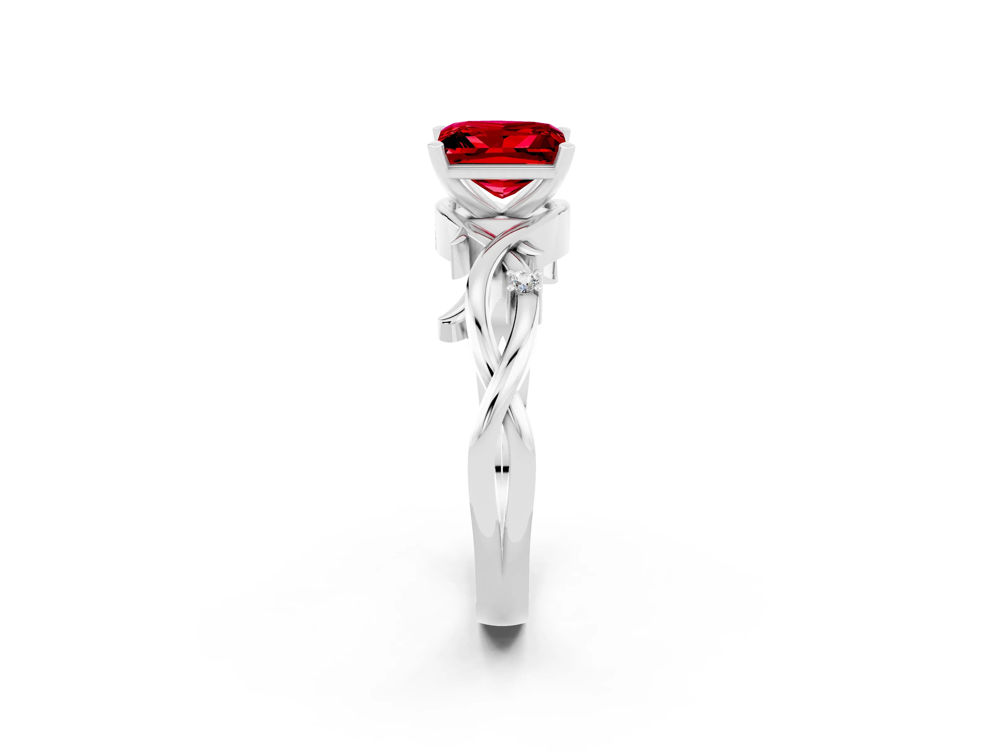 White gold Princess Cut Ruby Solitaire Ring with Twisted Band and Prong Setting_2