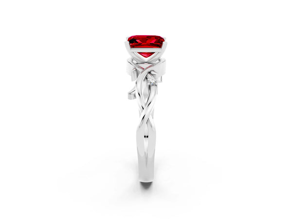 Silver Princess Cut Ruby Solitaire Ring with Twisted Band and Prong Setting