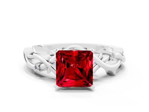 White gold Princess Cut Ruby Solitaire Ring with Twisted Band and Prong Setting