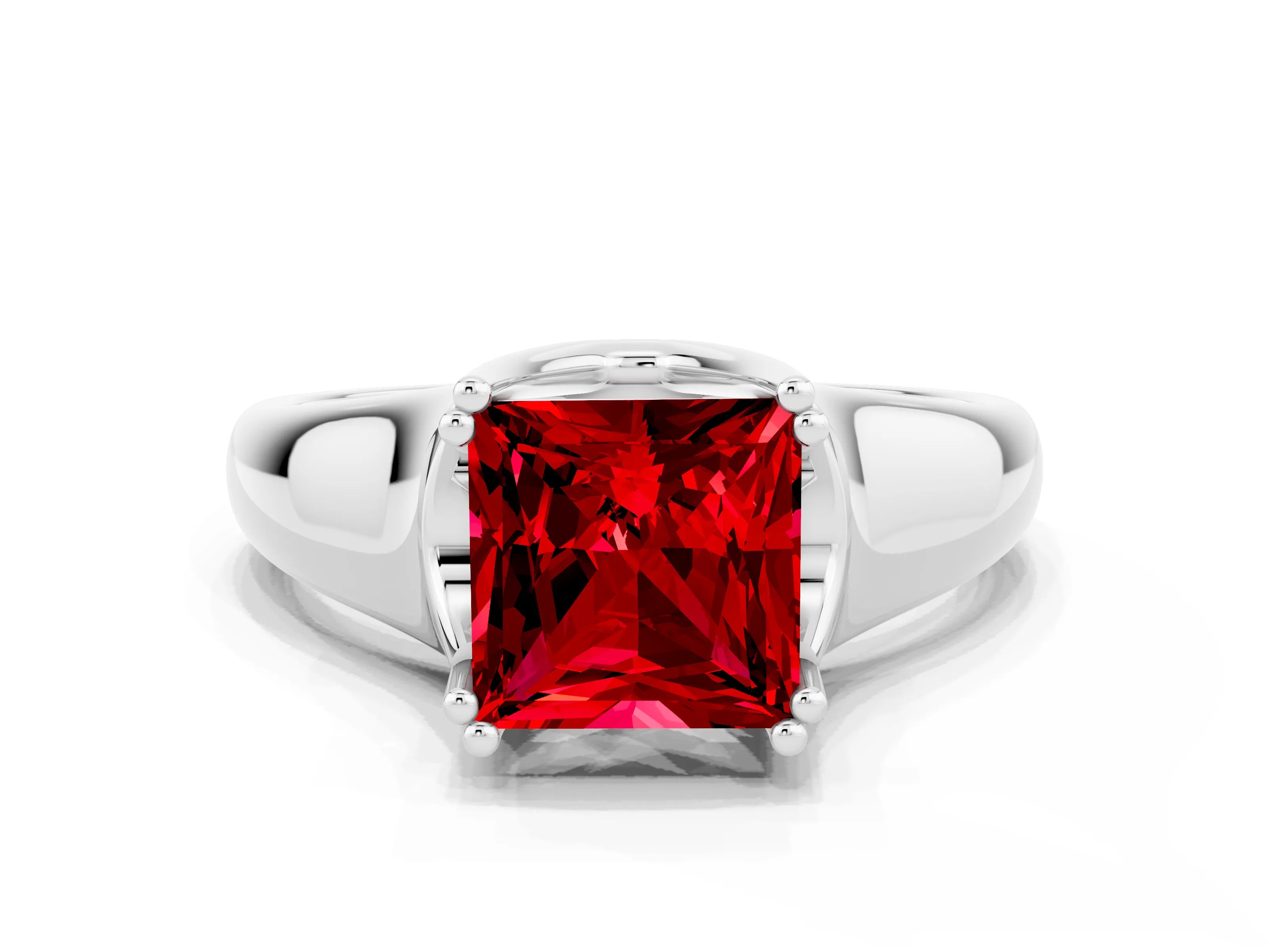 White gold Princess Cut Ruby Solitaire Ring with Wide Band and Prong Setting