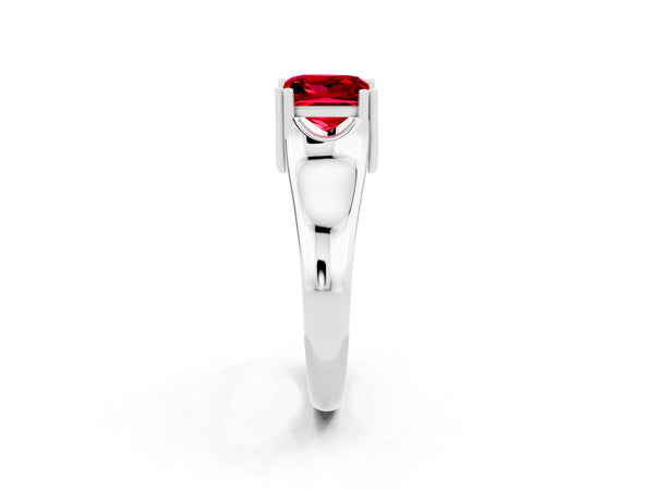 Silver Princess Cut Ruby Solitaire Ring with Wide Band and Prong Setting