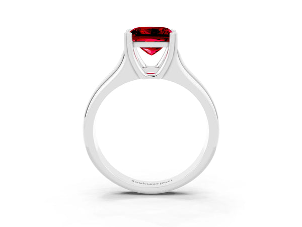 Silver Princess Cut Ruby Solitaire Ring with Wide Band and Prong Setting