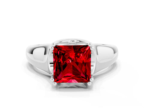 White gold Princess Cut Ruby Solitaire Ring with Wide Band and Prong Setting