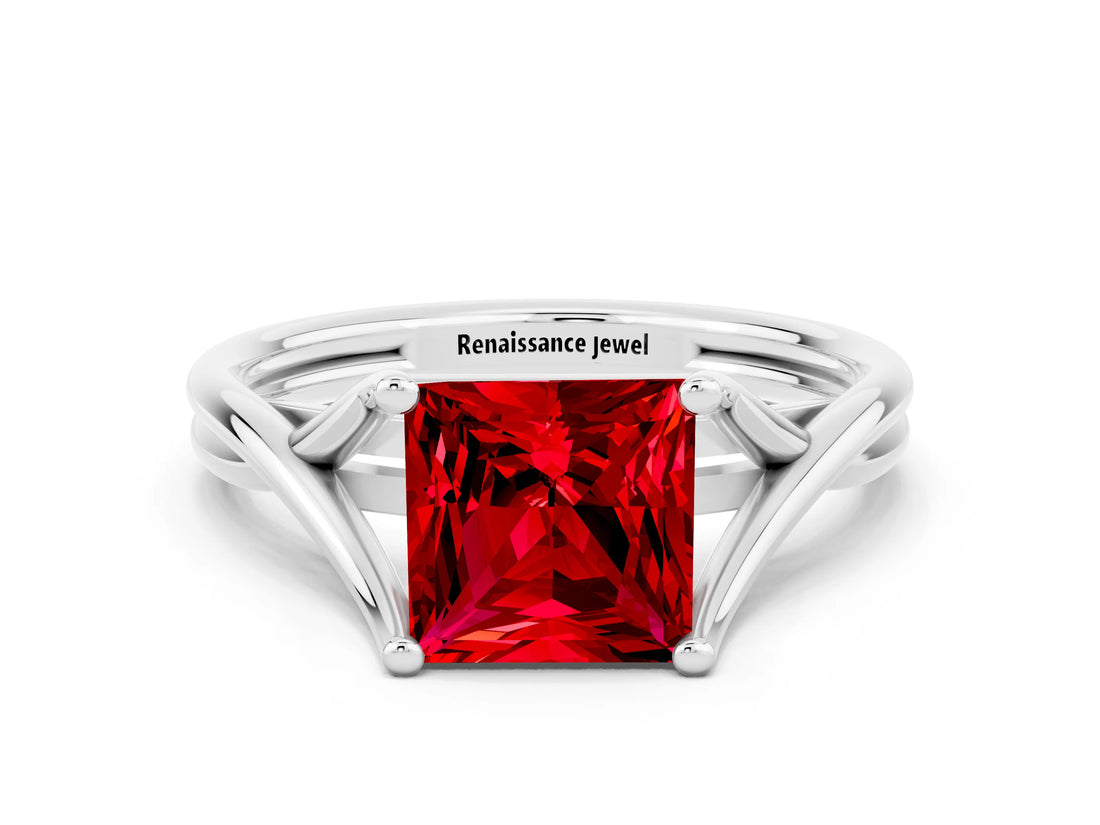 White gold Princess Cut Ruby Solitaire Twist Band Prong Setting Ring_30