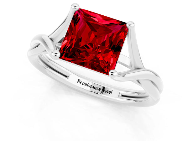 Platinum Princess Cut Ruby Solitaire Twist Band Prong Setting Ring